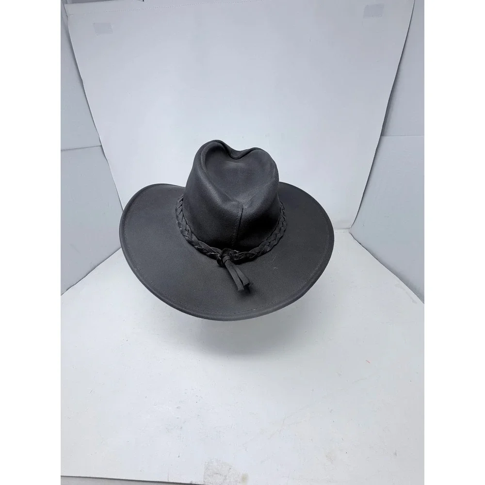 Minnetonka The Fold Up Hat Black Genuine Leather Outback Cowboy Hat Size Medium